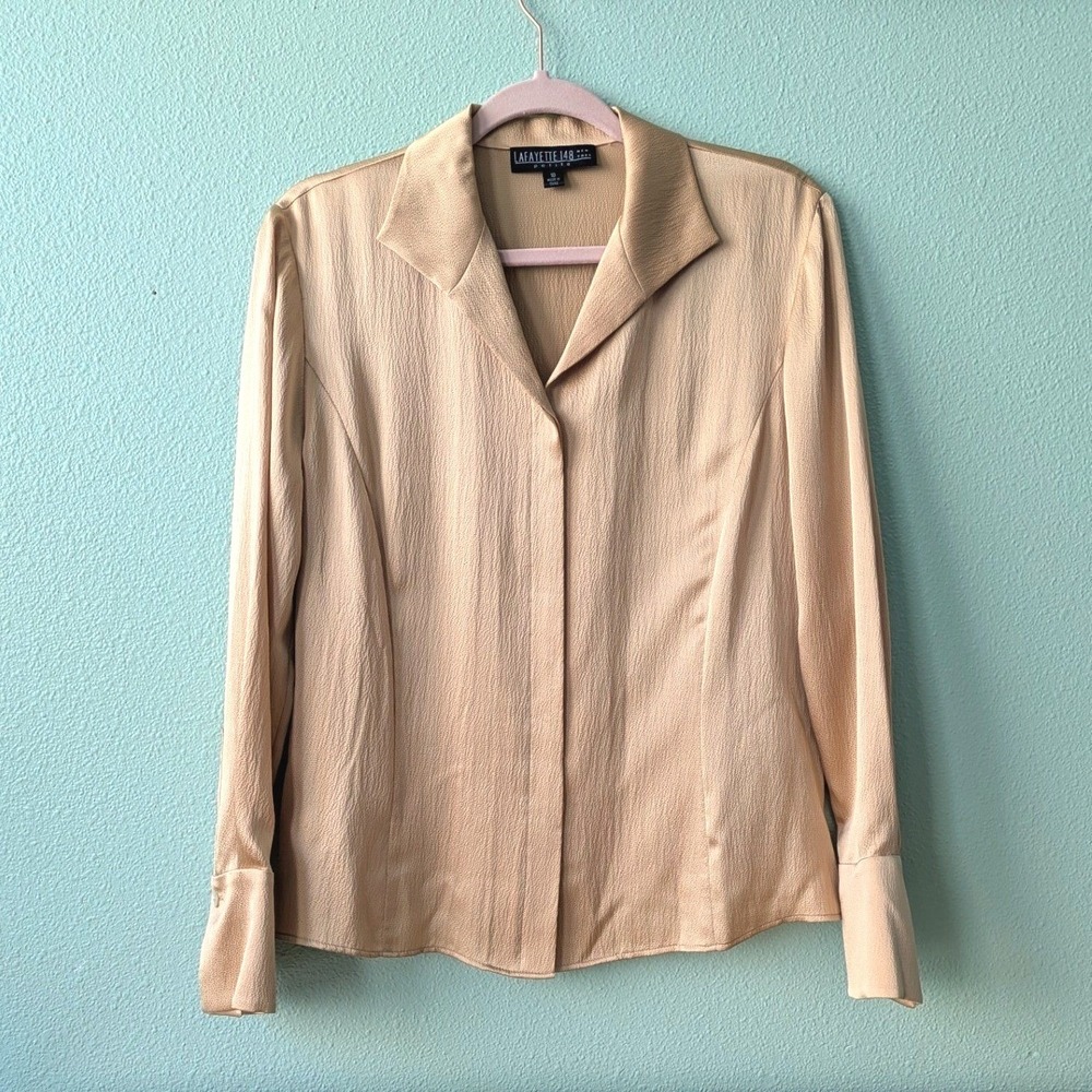 Lafayette 148 New York Gold 100% Silk Blouse Petite 10‎ Button Front Office Top